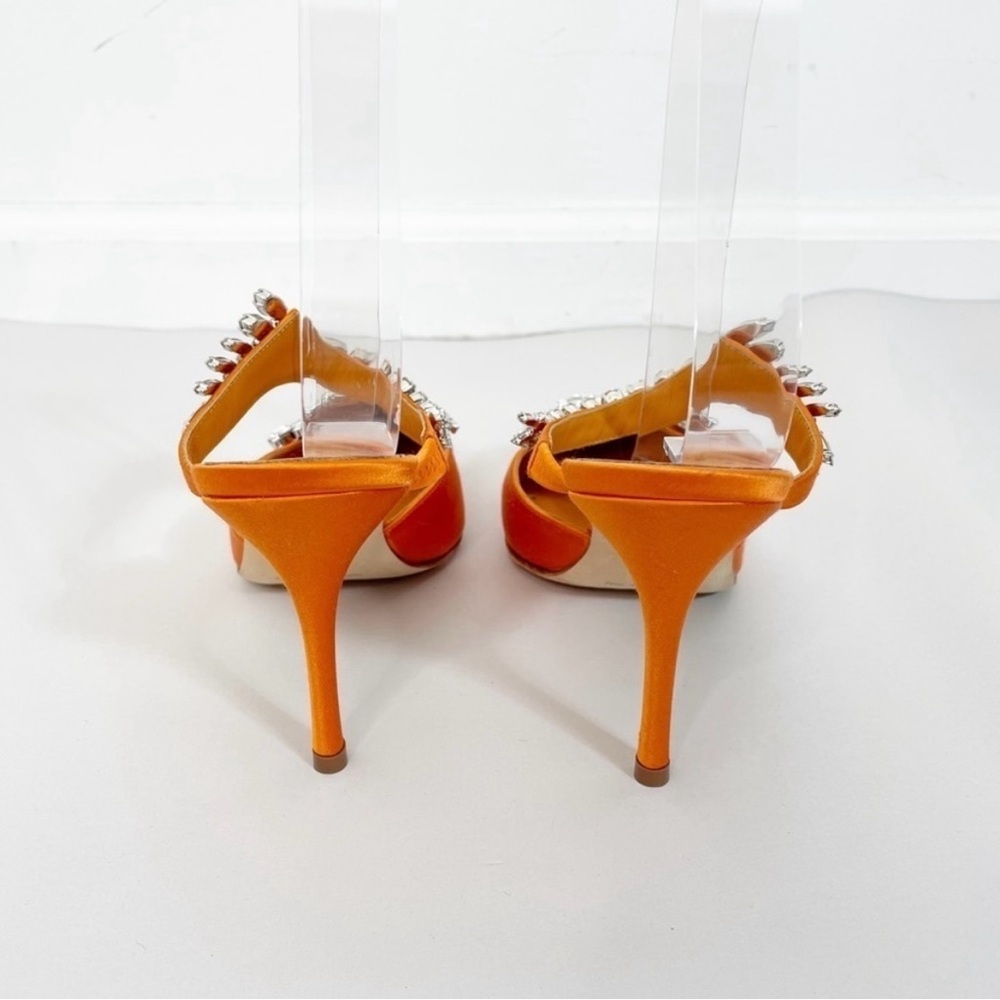 Manolo Blahnik Orange Lurum Crystal Satin Mules Heel - Picture 5 of 10